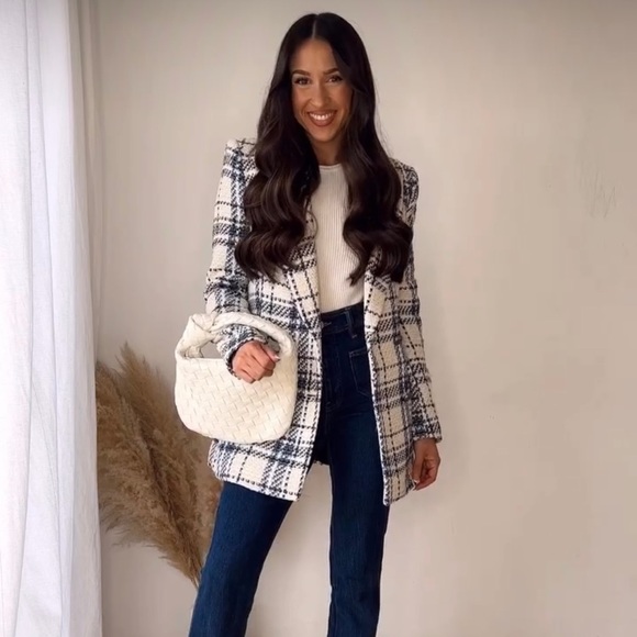 Zara Ecru & Blue Double Breasted Textured Weave Blazer Jacket - Picture 6 of 16